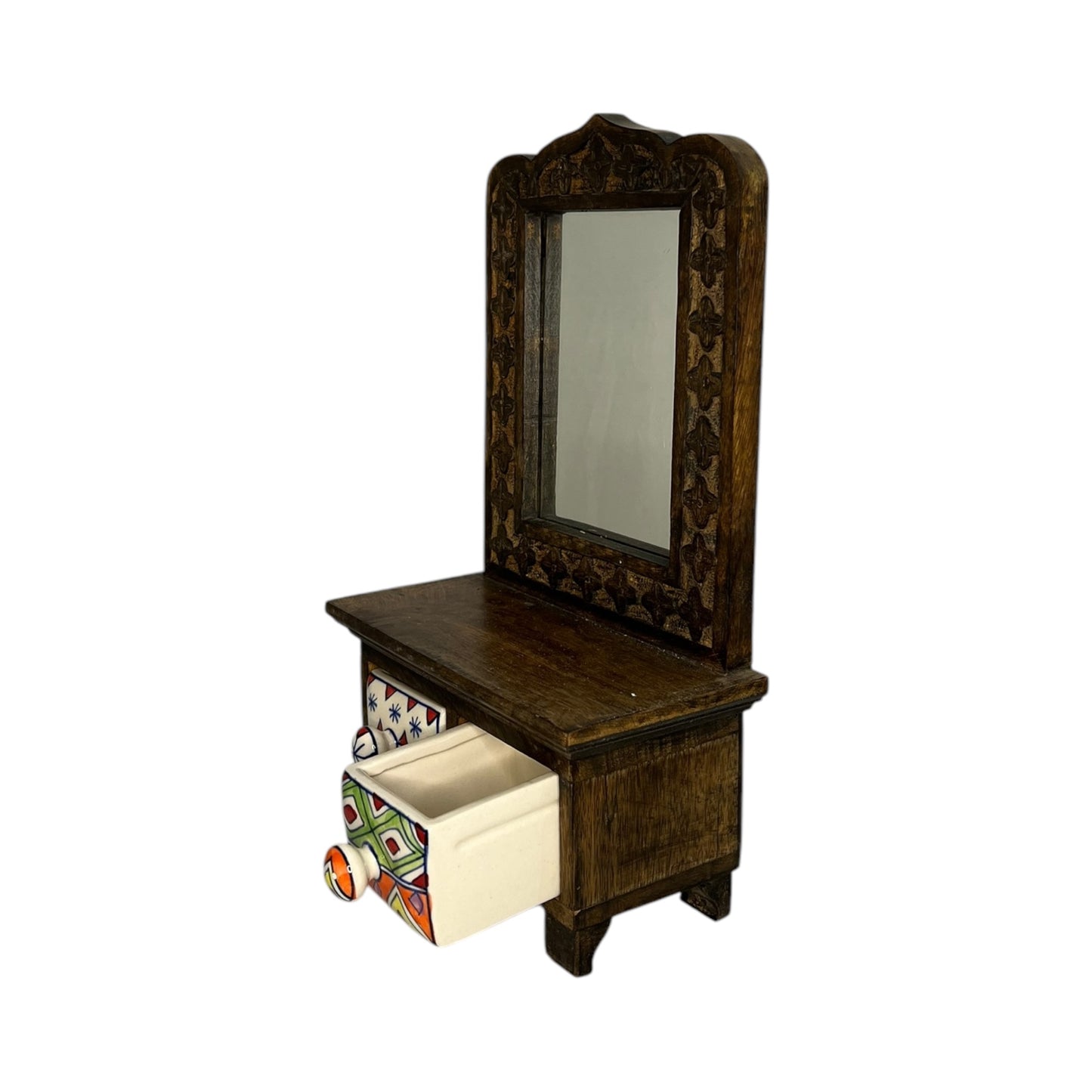 Petit meuble avec miroir et deux tiroirs en céramique