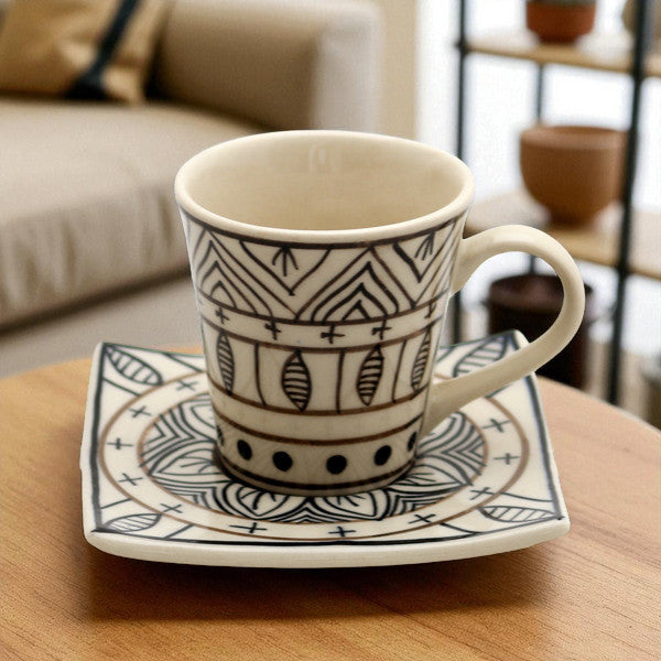 Espressotasse Schwarz Weiß Handbemalt mit Unterteller