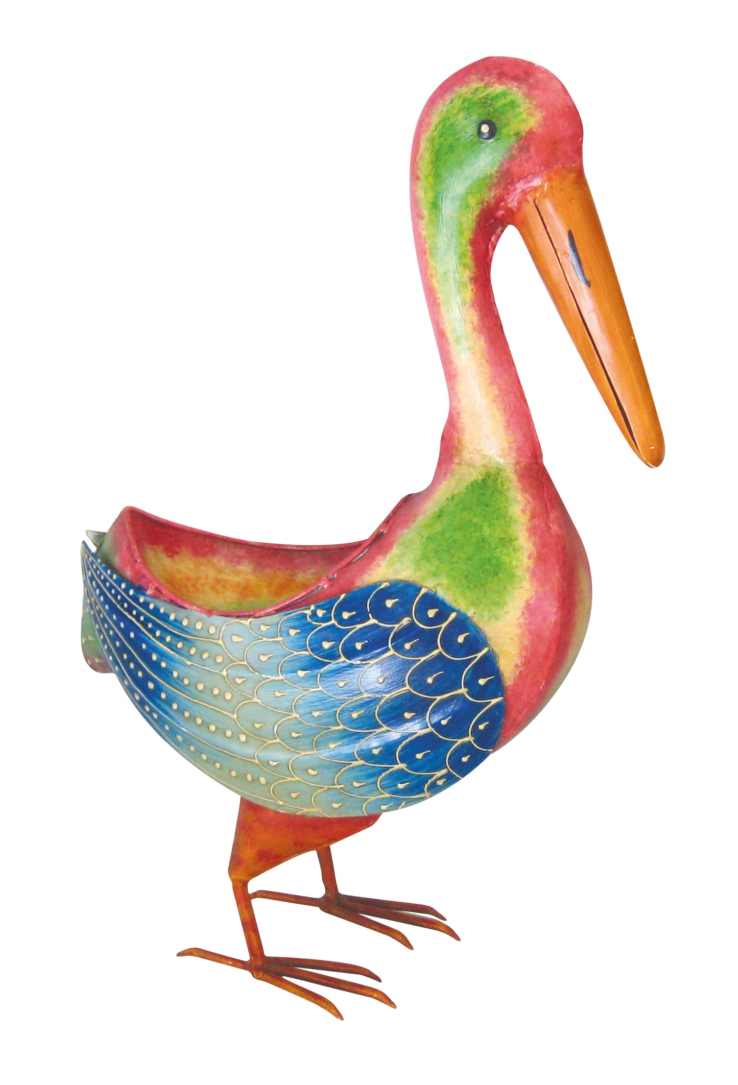Pelikan mit Vogeltränke – Gartenfigur aus Metall