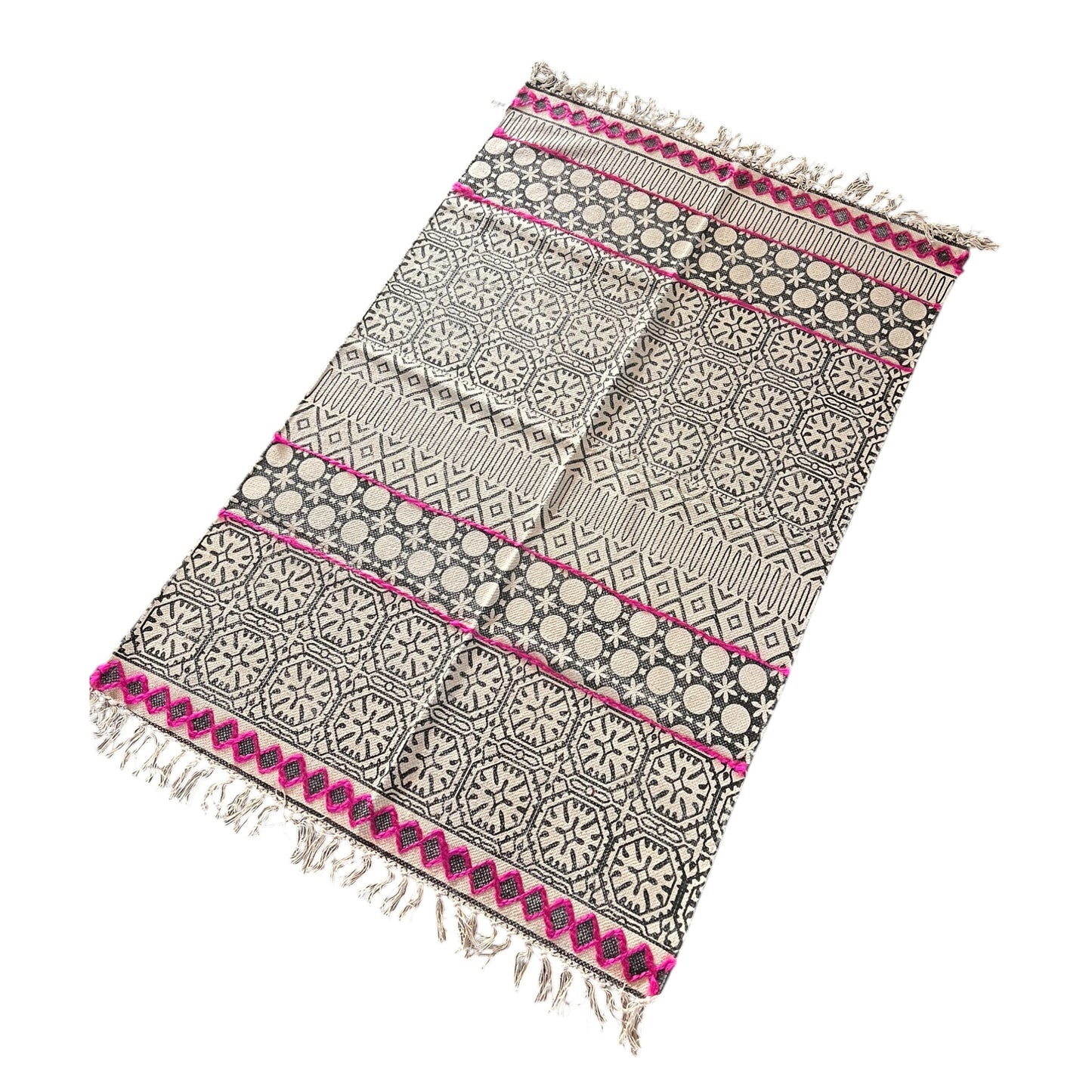 Teppich mit Fransen Schwarz Weiß Pink 150x90 cm - Moderner Wohnteppich