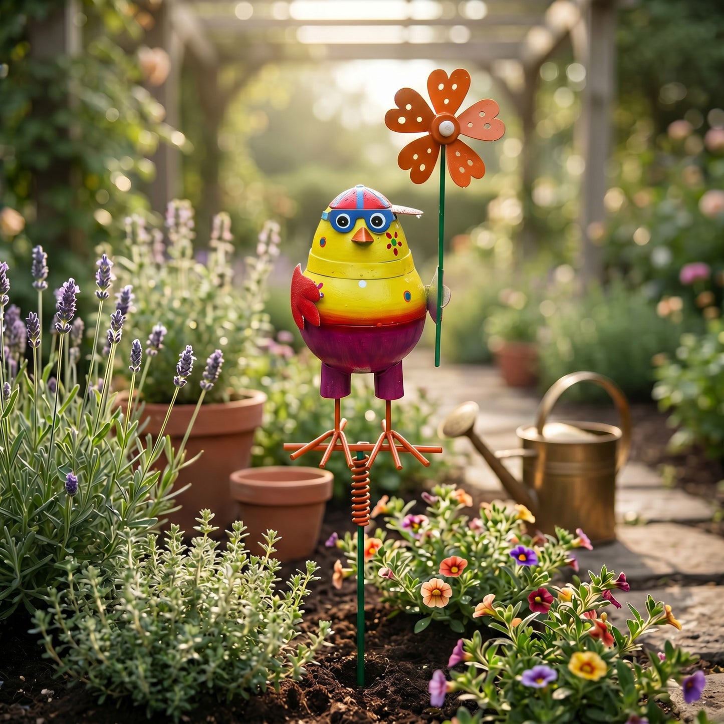 Gartenstecker Vogel gelb mit Windrad