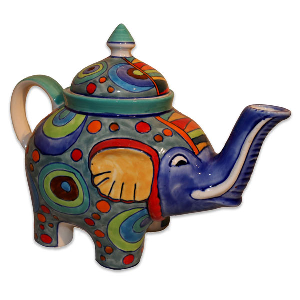 Teekanne Elefant blau handbemalt