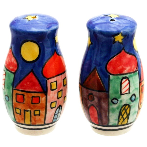Saliera e pepiera in ceramica dipinta a mano