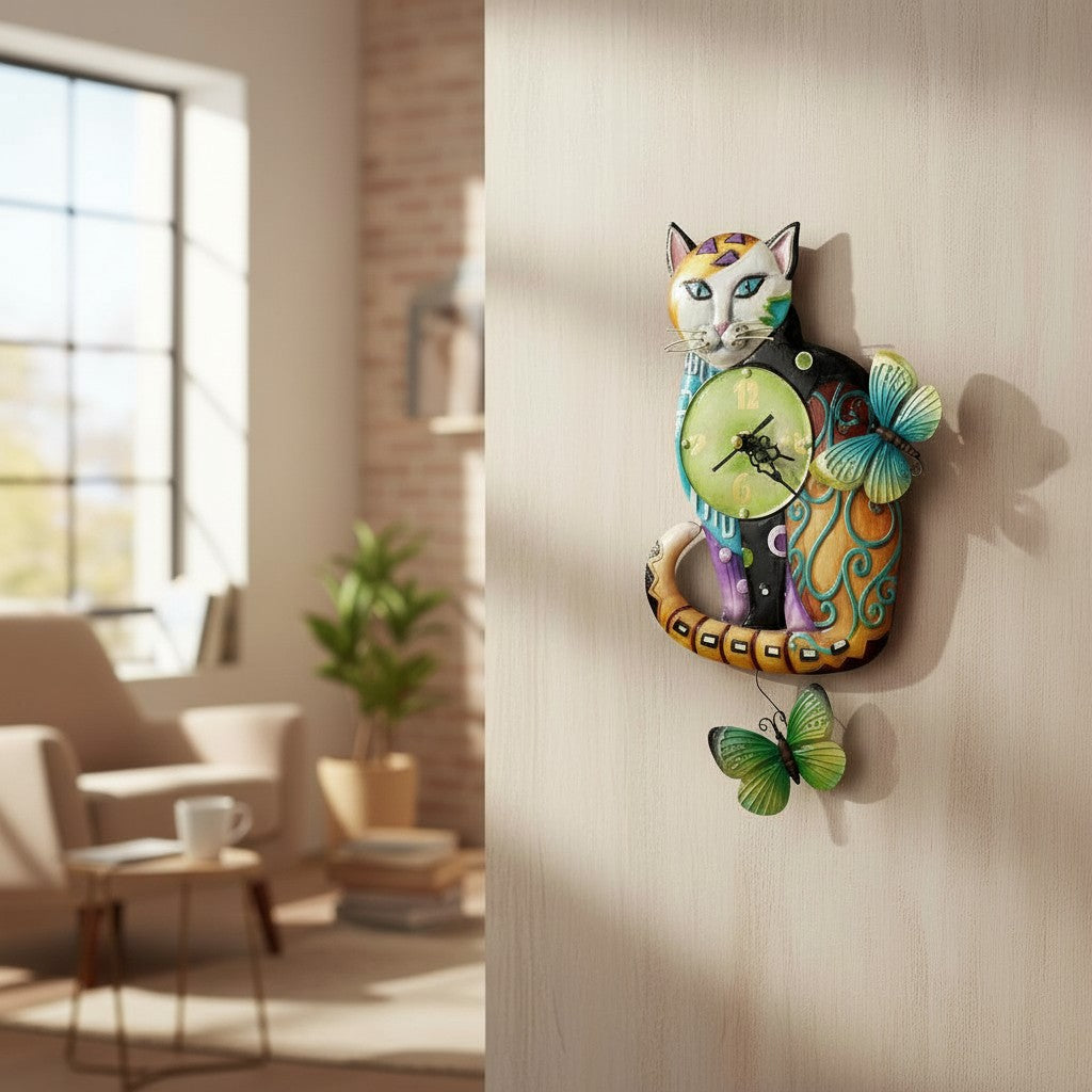 Uhr Katze mit schwingendem Schmetterling - Bunte Wanduhr aus Metall