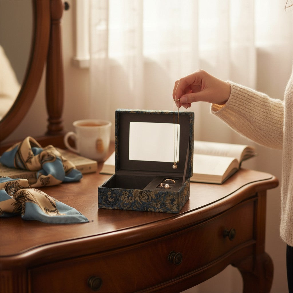 Schmuckschatulle handbestickt - Mit Spiegel & Ringhalter