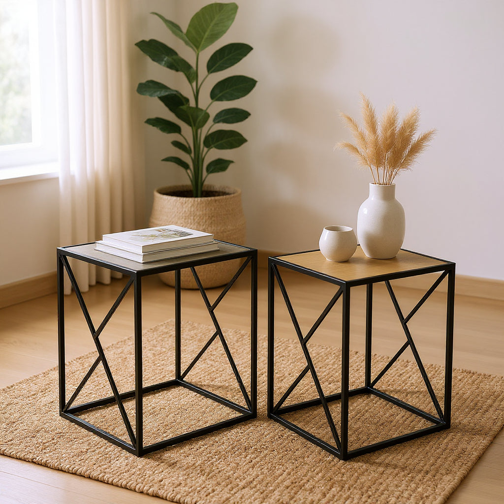 Beistelltisch Set 2-teilig Metall Holz Schwarz Modern