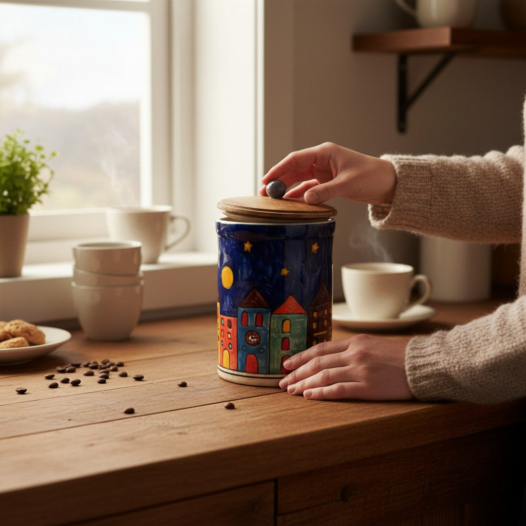 Round Ceramic Container with Wooden Lid “New Village”