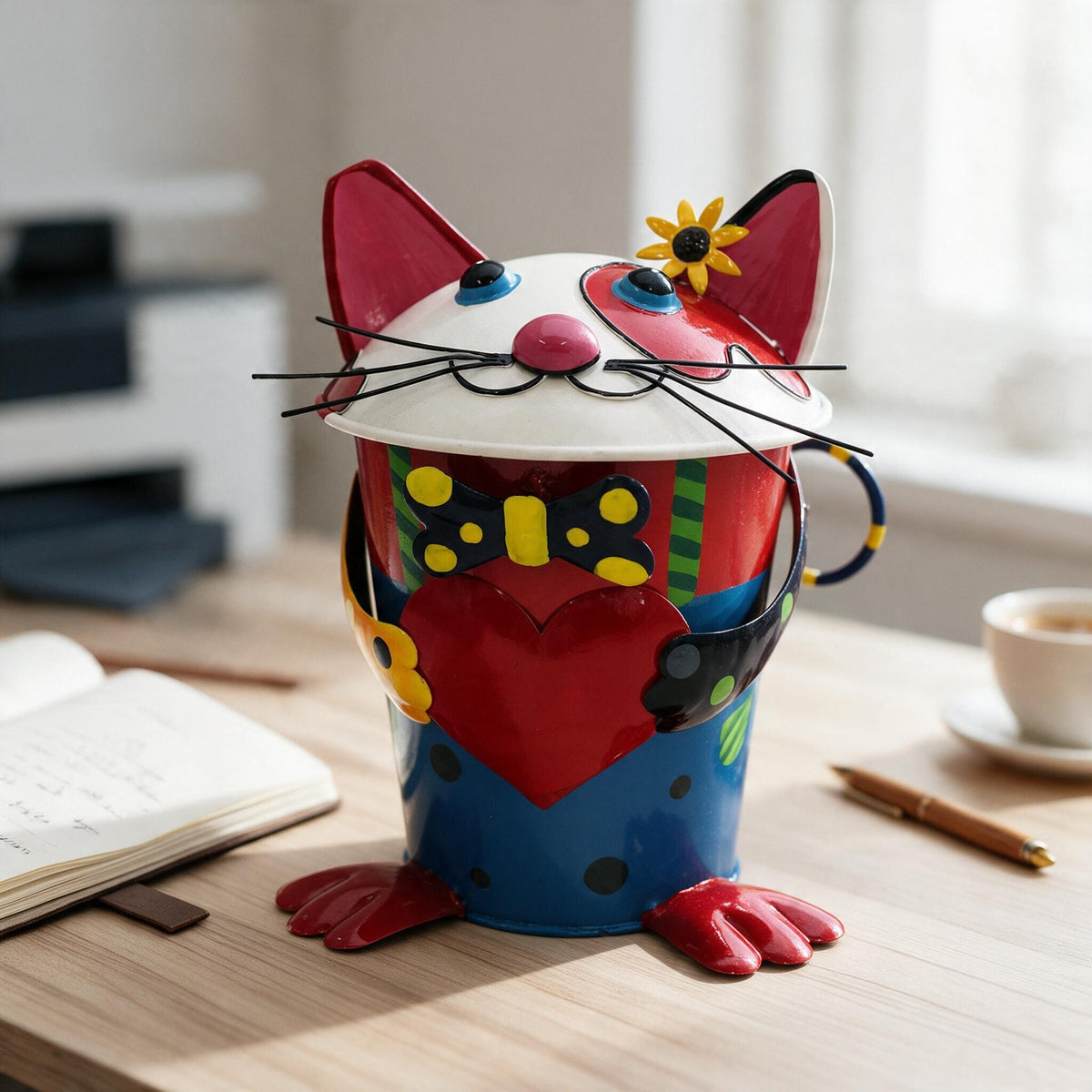 Tischmülleimer Katze mit Herz aus Metall mit Deckel