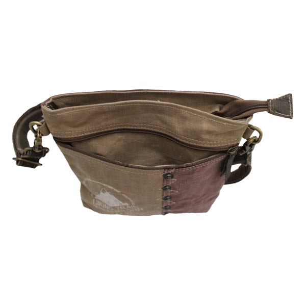 Sac bandoulière en toile et cuir de buffle, 26 x 25 cm