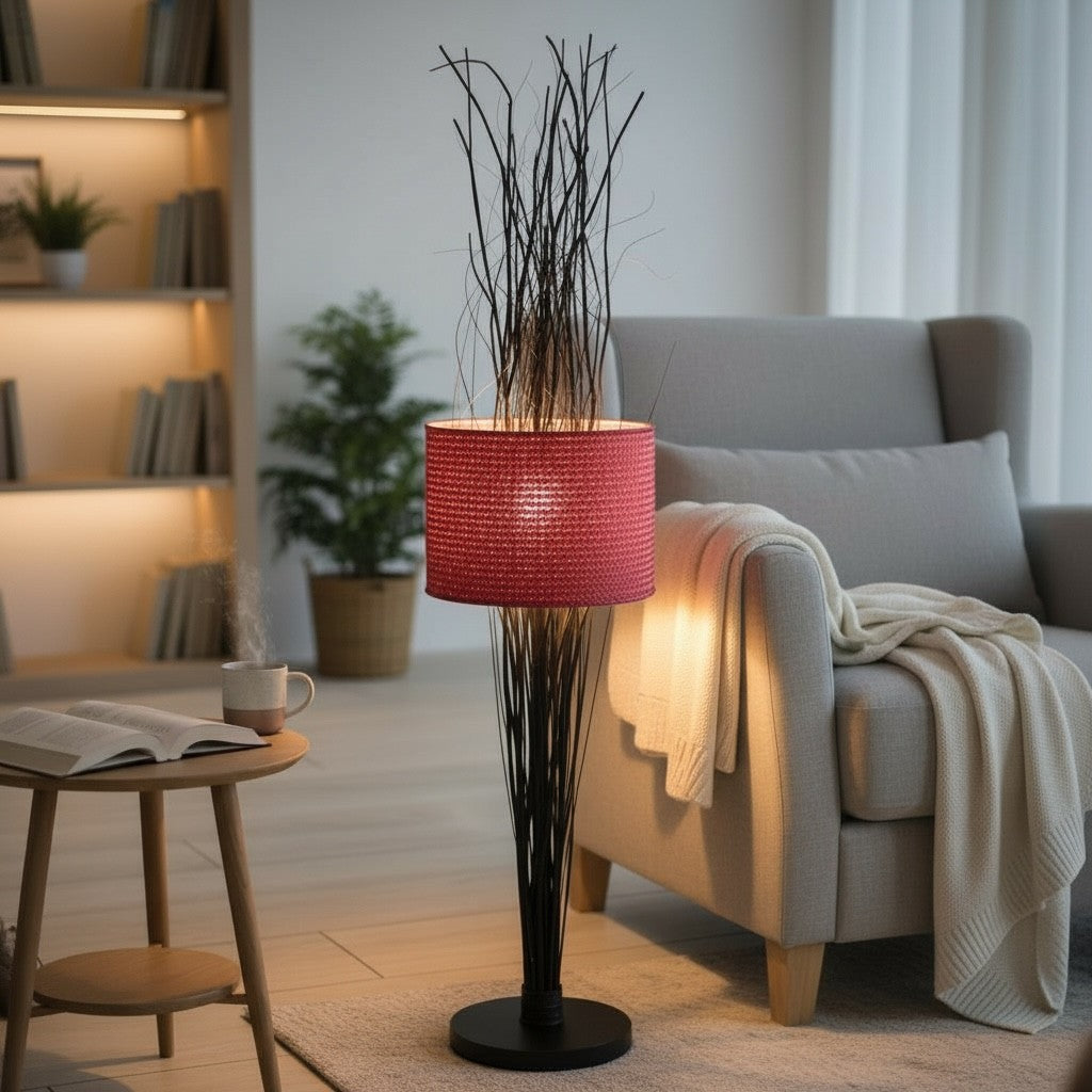 Moderne Holz-Stehleuchte mit rotem Schirm - Handgefertigt