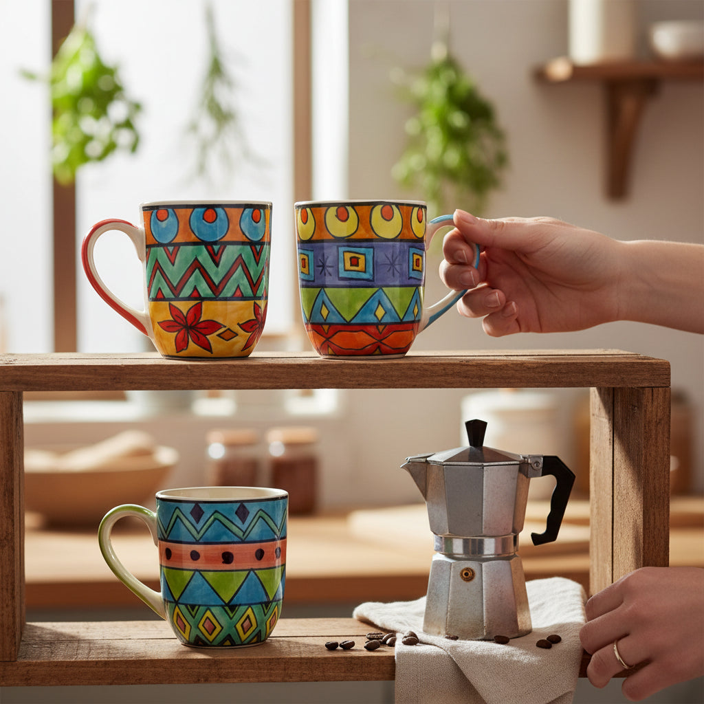 Keramik-Tasse handbemalt geometrische Muster spülmaschinenfest