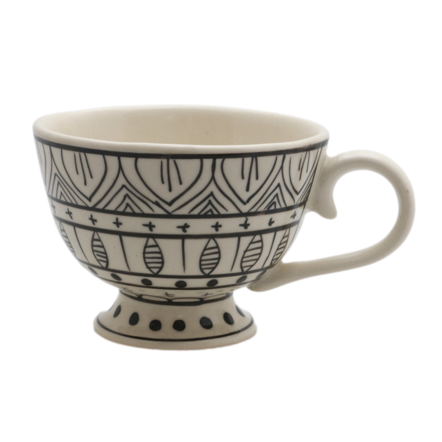 Set di tazze e piattini, bianco e nero, dipinti a mano