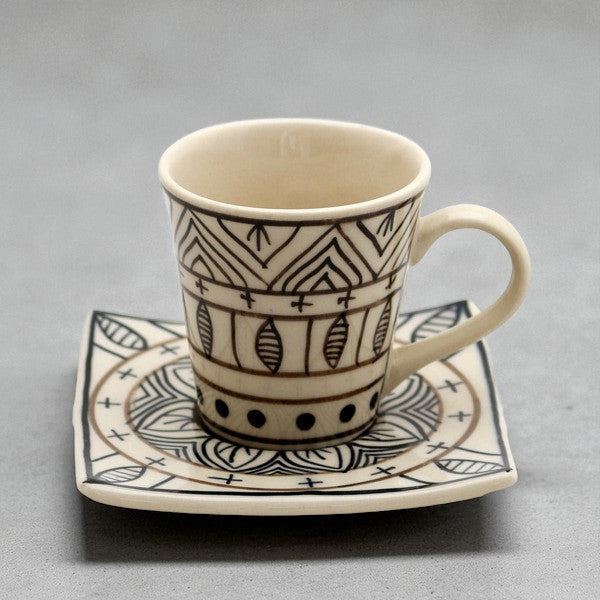 Espressotasse Schwarz Weiß Handbemalt mit Unterteller