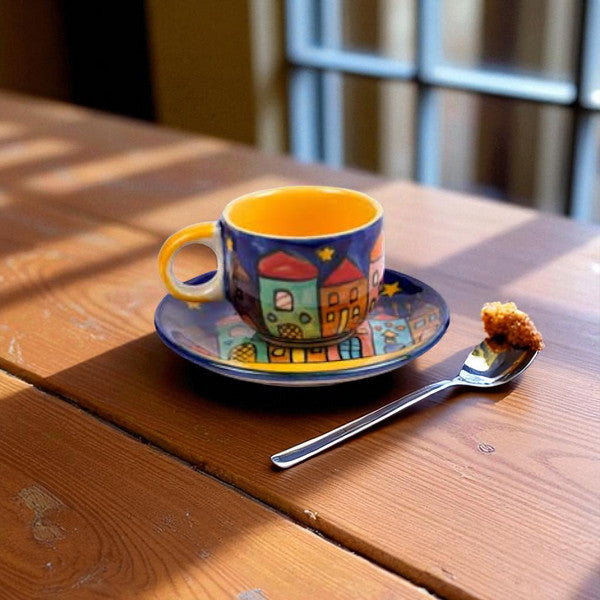 Espressotasse mit Unterteller „New Village“ – Handgefertigt & Einzigartig