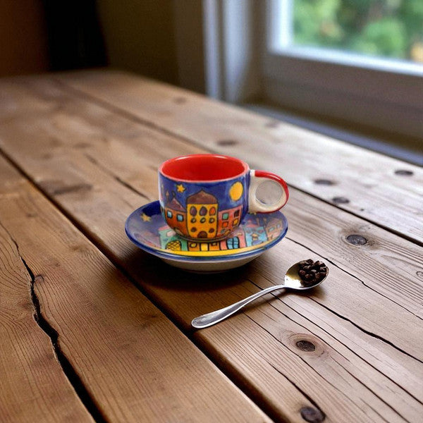 Espressotasse mit Unterteller „New Village“ – Handgefertigt & Einzigartig