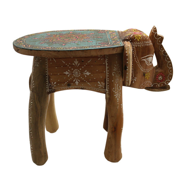 Handbemalter Elefanten-Hocker mit Mandala-Design - Türkis