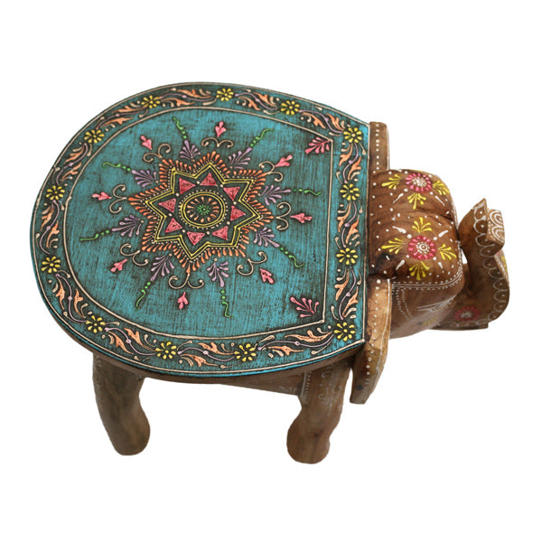 Handbemalter Elefanten-Hocker mit Mandala-Design - Türkis
