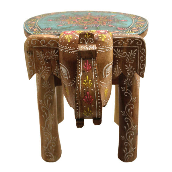 Handbemalter Elefanten-Hocker mit Mandala-Design - Türkis