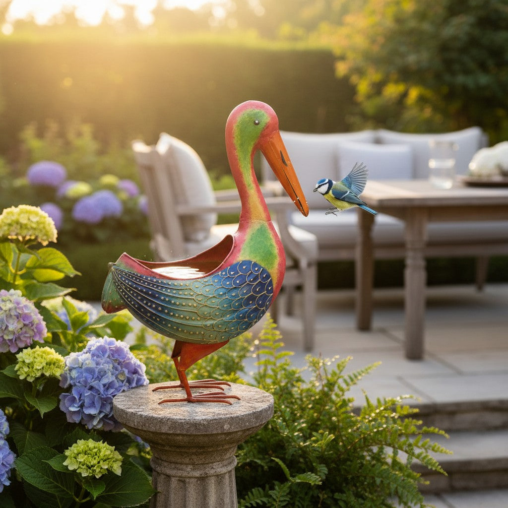 Pelikan mit Vogeltränke – Gartenfigur aus Metall