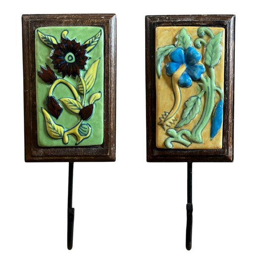 Wall Hook with wood and Hand-Painted Ceramic