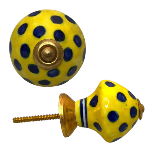 Bouton de meuble jaune à pois bleus