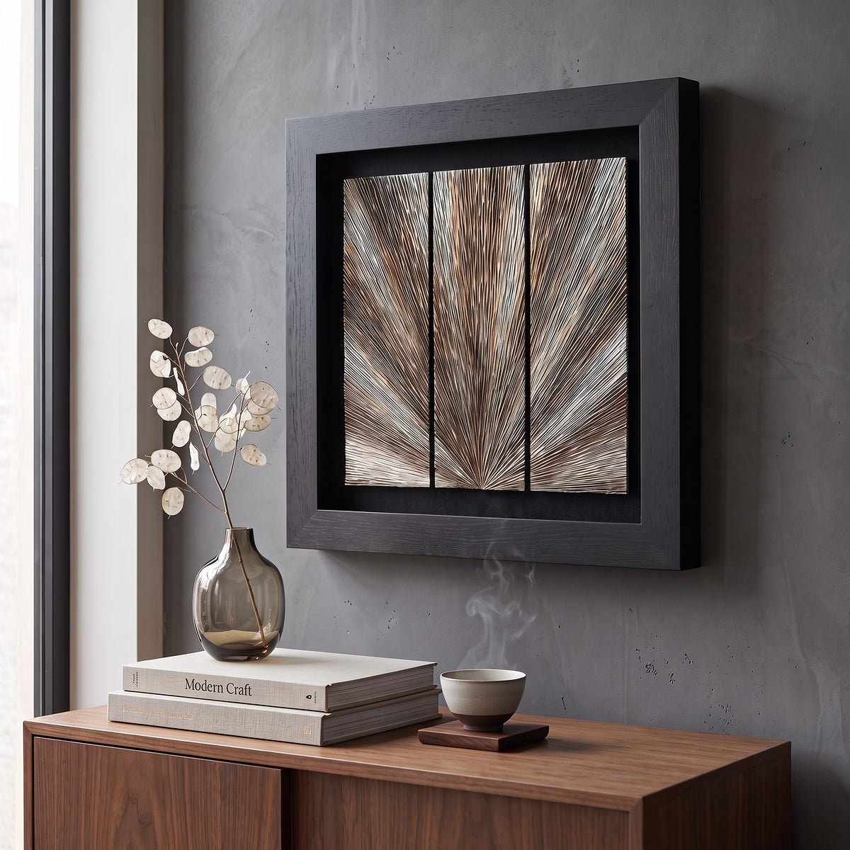 Massives handgefertigtes Wandbild mit Metallstruktur