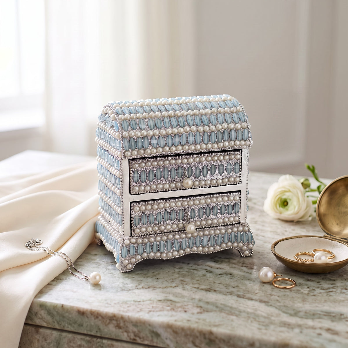 Mini-commode à paillettes avec 2 tiroirs bleus – Petite commode décorative