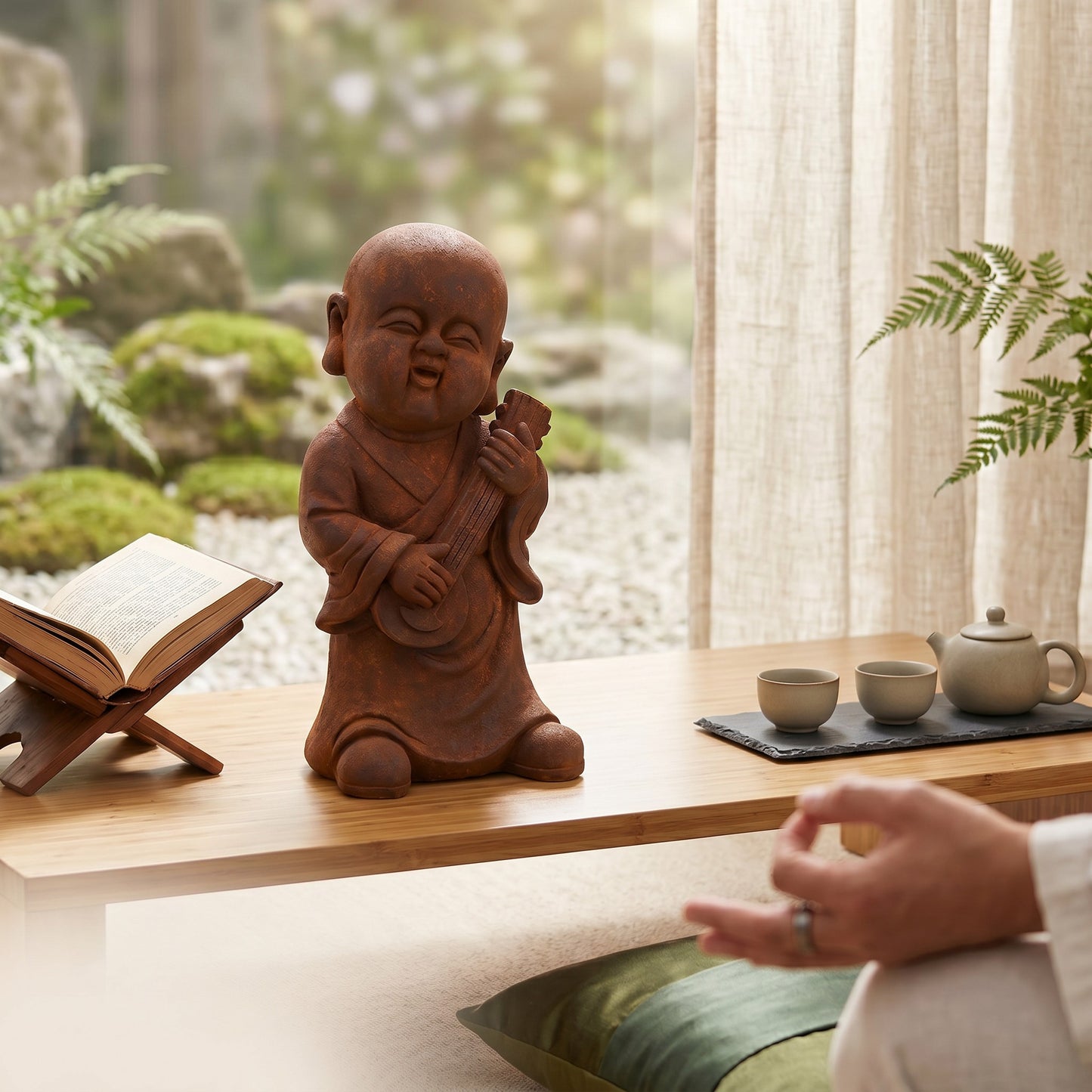 Figura decorativa del monaco, effetto ruggine - figura da giardino in poliresina per la tranquillità