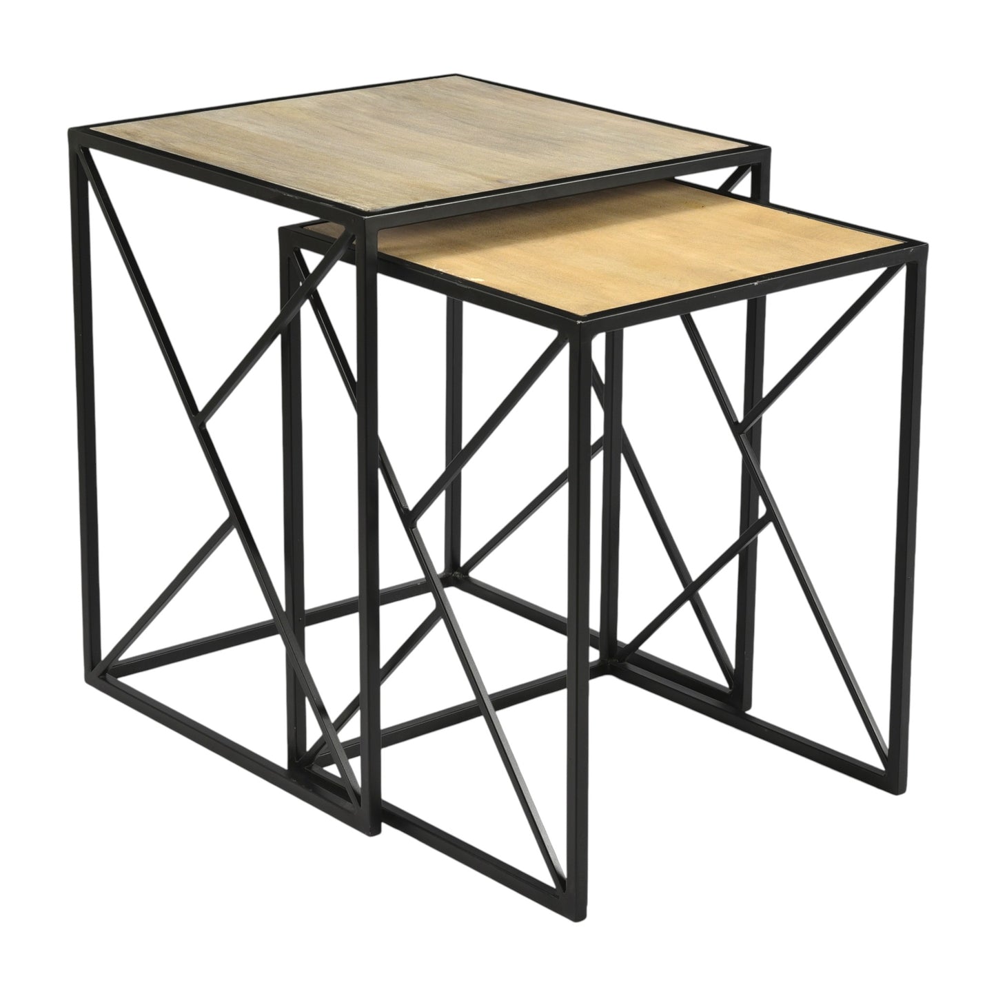 Ensemble de deux tables d'appoint en métal et bois.