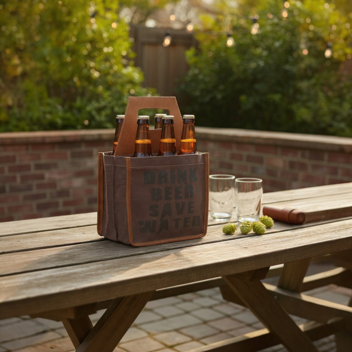 Flaschenhalter Braun mit Leder - Sixpack Tragetasche für 6 Flaschen