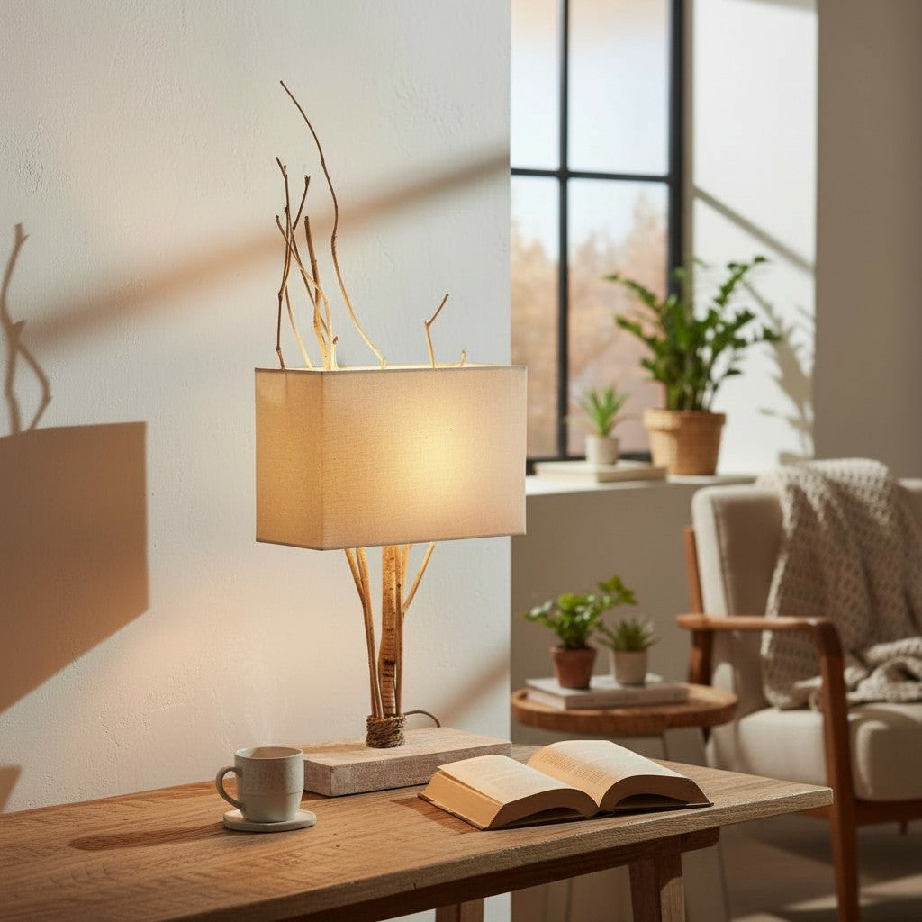 Tischlampe handgefertigt - Holzlampe mit Ästen cremeweiß