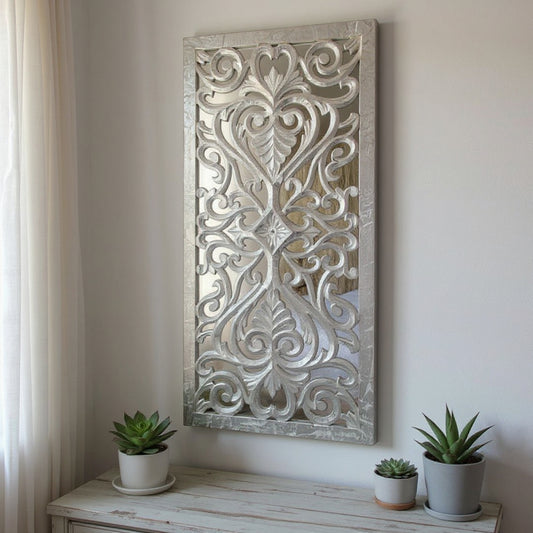 Wandornament Holz Wanddeko Silber Shabby Chic Wandbild mit Spiegel