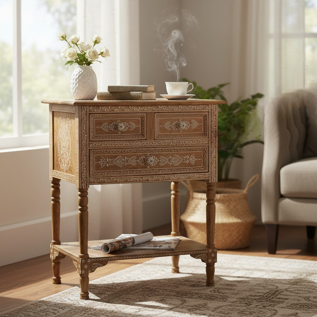 Buffet artisanal orné d'une peinture mandala artistique