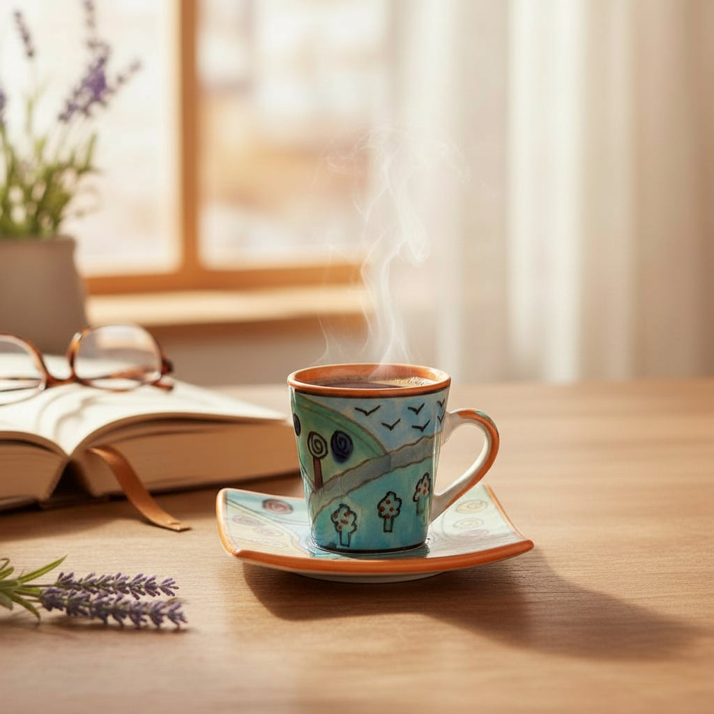 Espressotasse mit Unterteller - Handbemalte Happy Kollektion