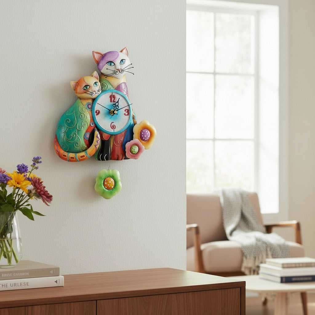 Uhr Katzen mit schwingender Blume - Bunte Wanduhr aus Metall