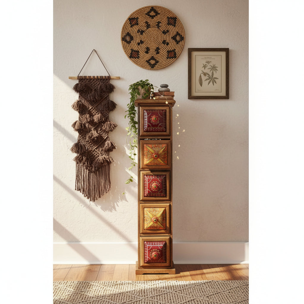 CD Rack Mangoholz mit handbemalten Keramikfliesen - Schubladenkommode