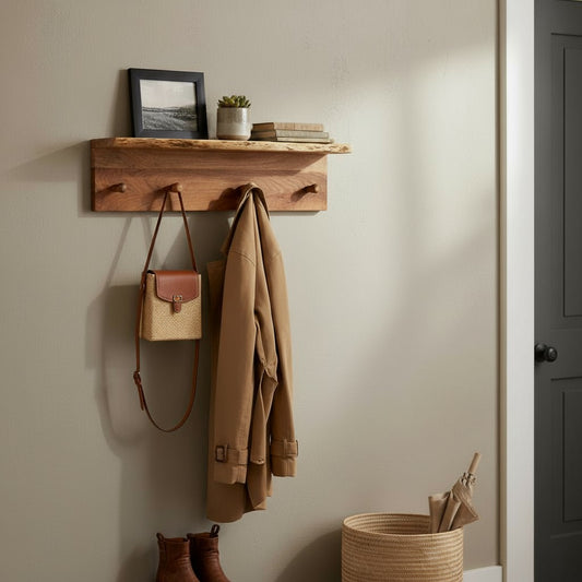 Wandgarderobe, Wandregal mit Knöpfen, Akazienholz