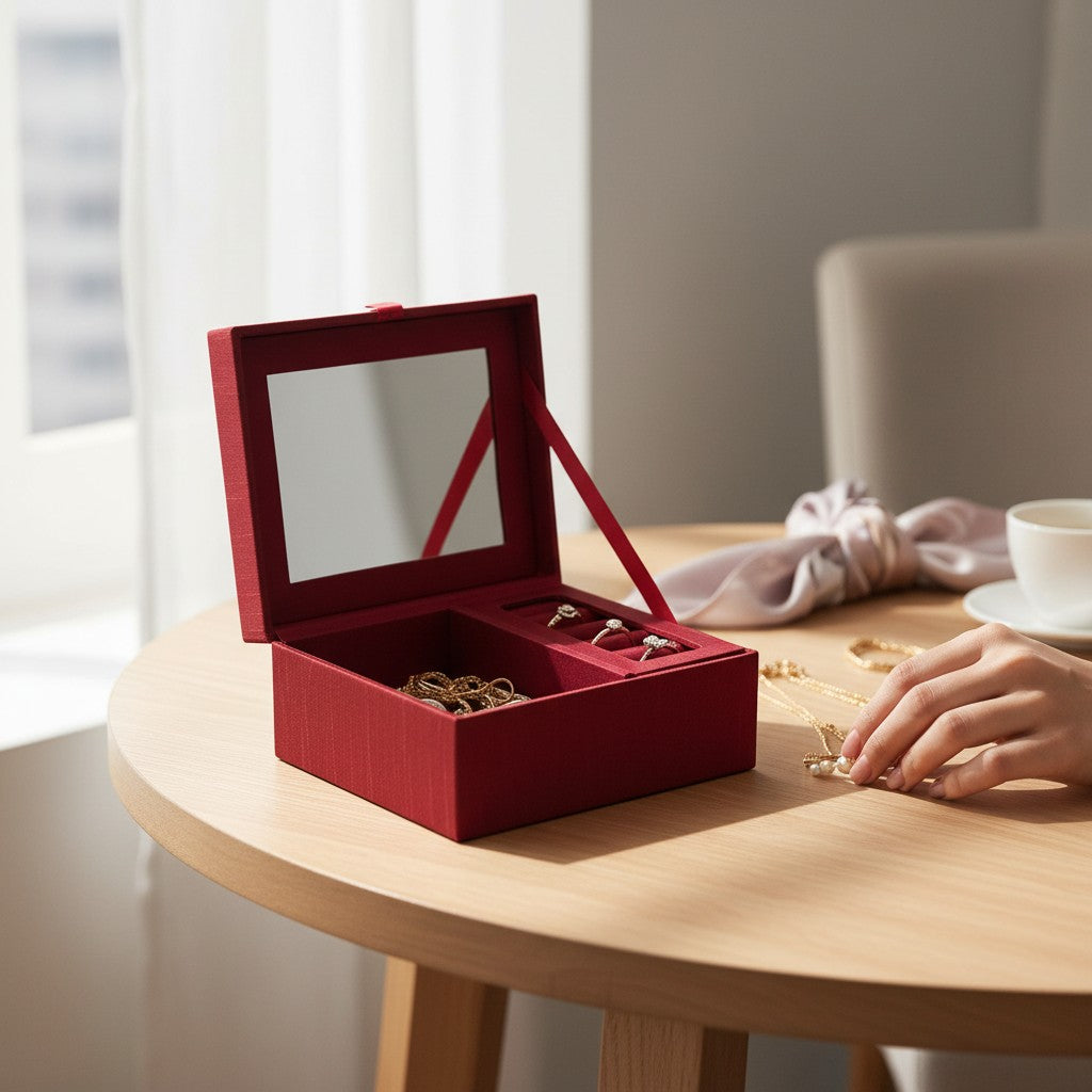 Schmuckschatulle rot handbestickt - Mit Spiegel & Ringhalter