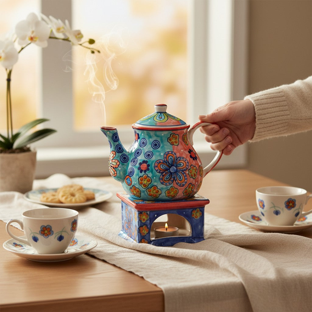 Teekanne mit Stövchen 900ml - Keramik Teekanne Daisy Kollektion