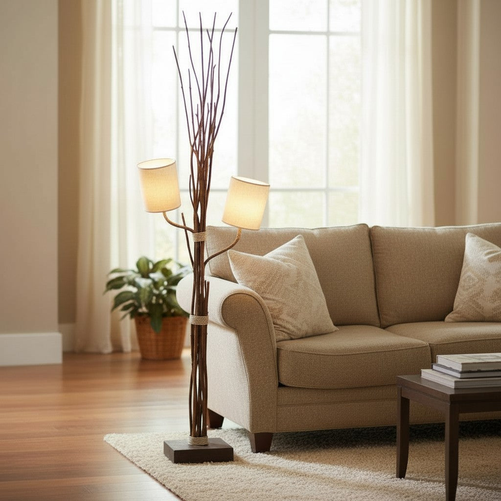 Stehlampe handgefertigt Äste - Holzlampe mit Lederschirm