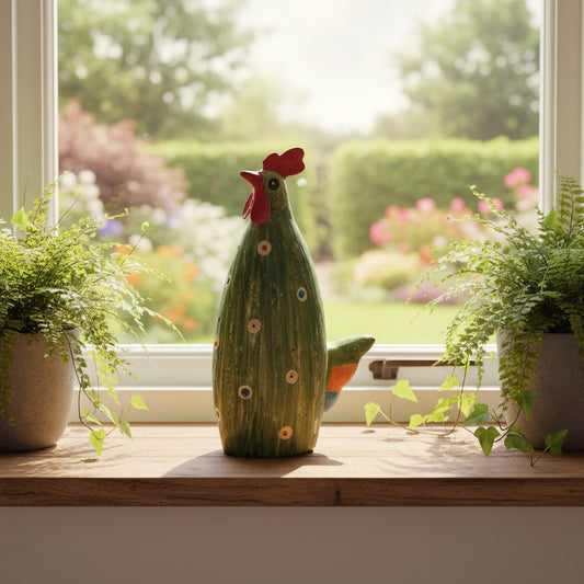Zaunhocker Huhn Grün Metall - Handbemalte Gartendeko