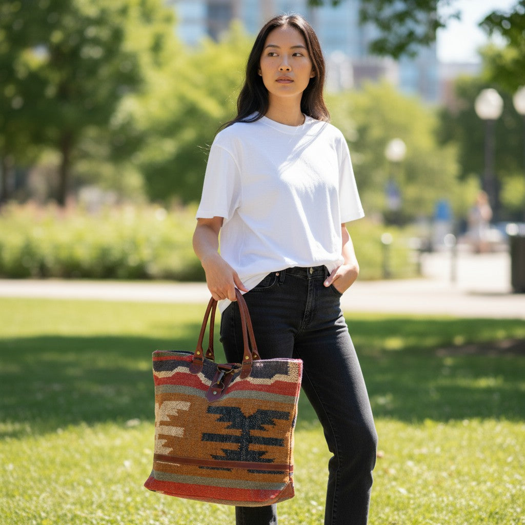 Tragetasche Bunt mit Leder - Handgewebt