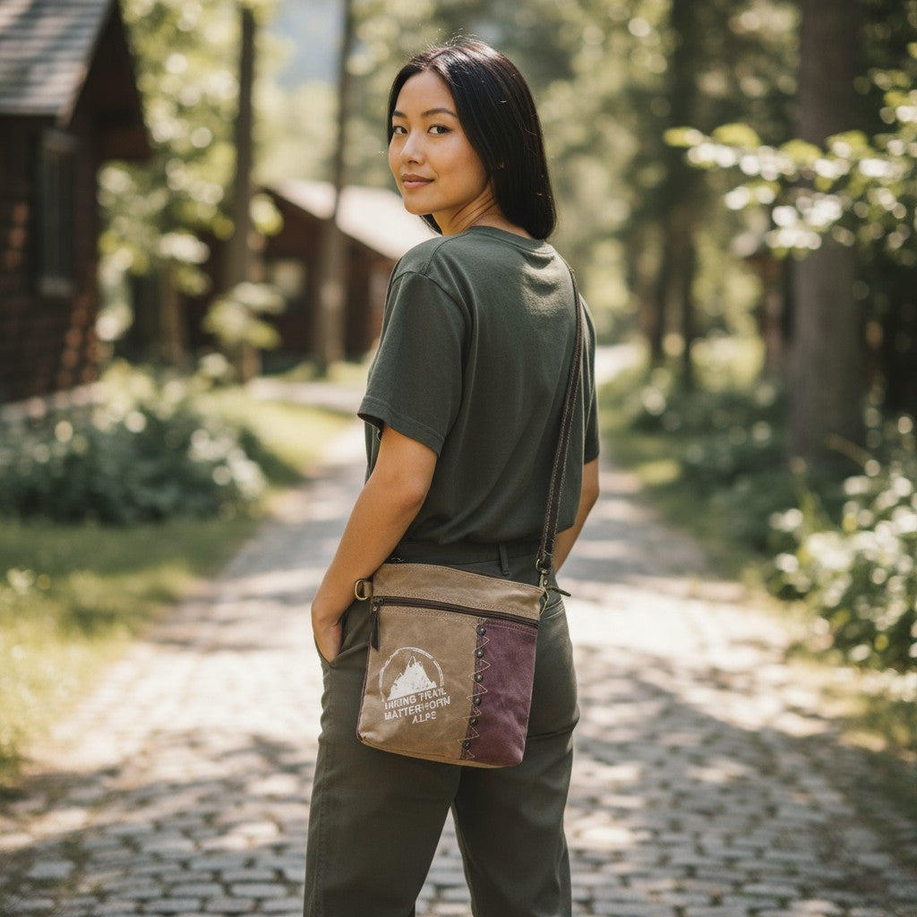 Sac bandoulière en toile et cuir de buffle, 26 x 25 cm