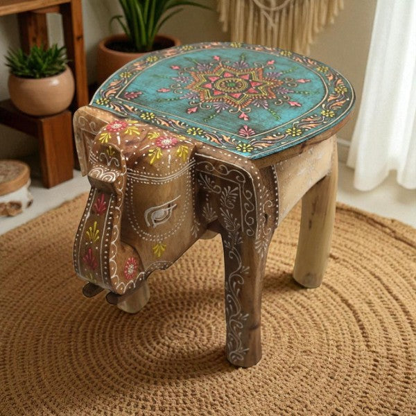 Handbemalter Elefanten-Hocker mit Mandala-Design - Türkis